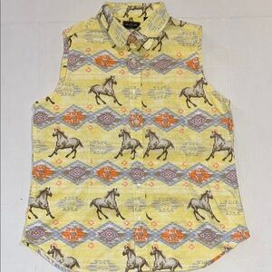 Bit & Bridle-XL- Yellow&Orange-sleeveless, horse motif Casual Button Down Shirt.